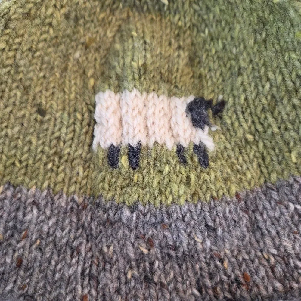 Hand-Knit Wool Beanie Ireland Artisan Sheep Motif Winter Hat NWOT Green Gray